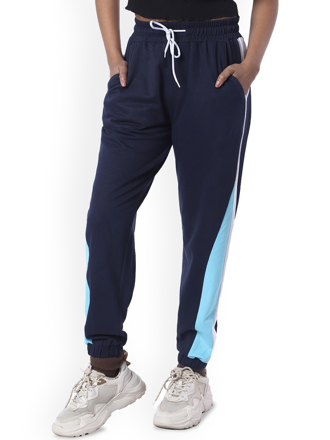 

London Hills Women Colourblocked Mid-Rise Track Pants, Blue