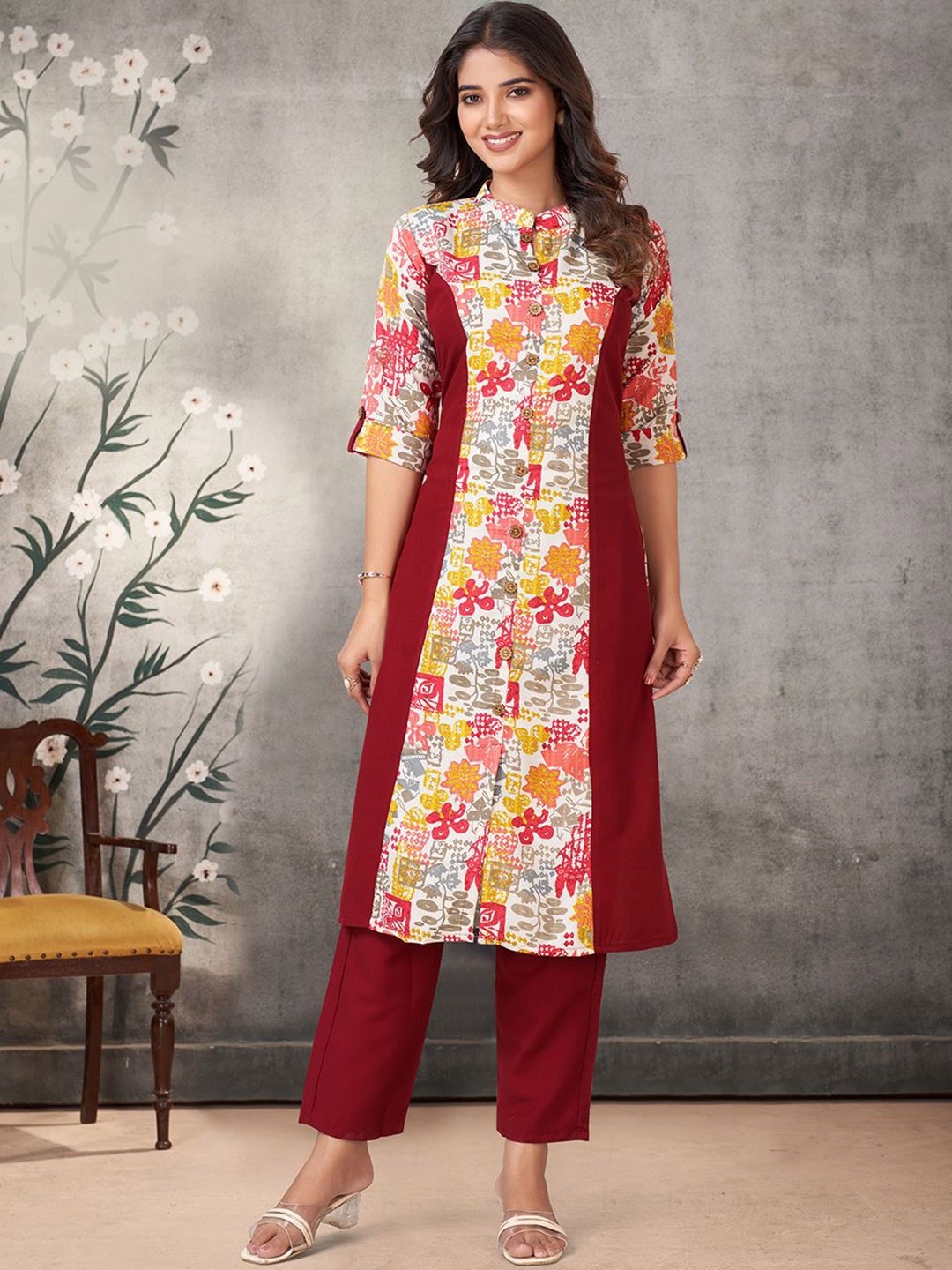 

KALINI Women Ethnic Motifs Printed Regular Kurta with Trousers, Red