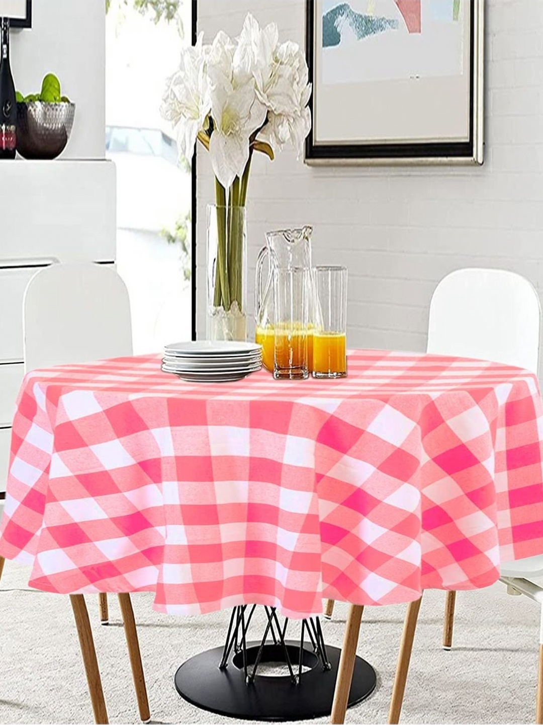 

Lushomes Pink & White Checked Printed Round 4-Seater Table Cover