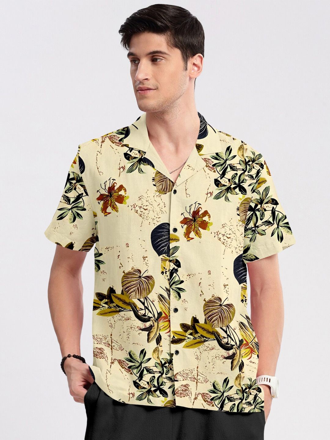 

Cotton Folk Men Classic Floral Printed Casual Shirt, Beige