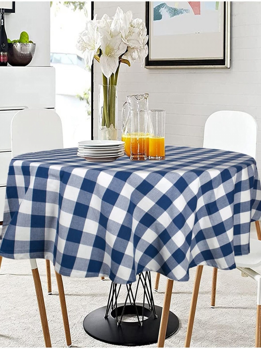 

Lushomes Blue Geometric Printed Cotton Round 4-Seater Table Cover