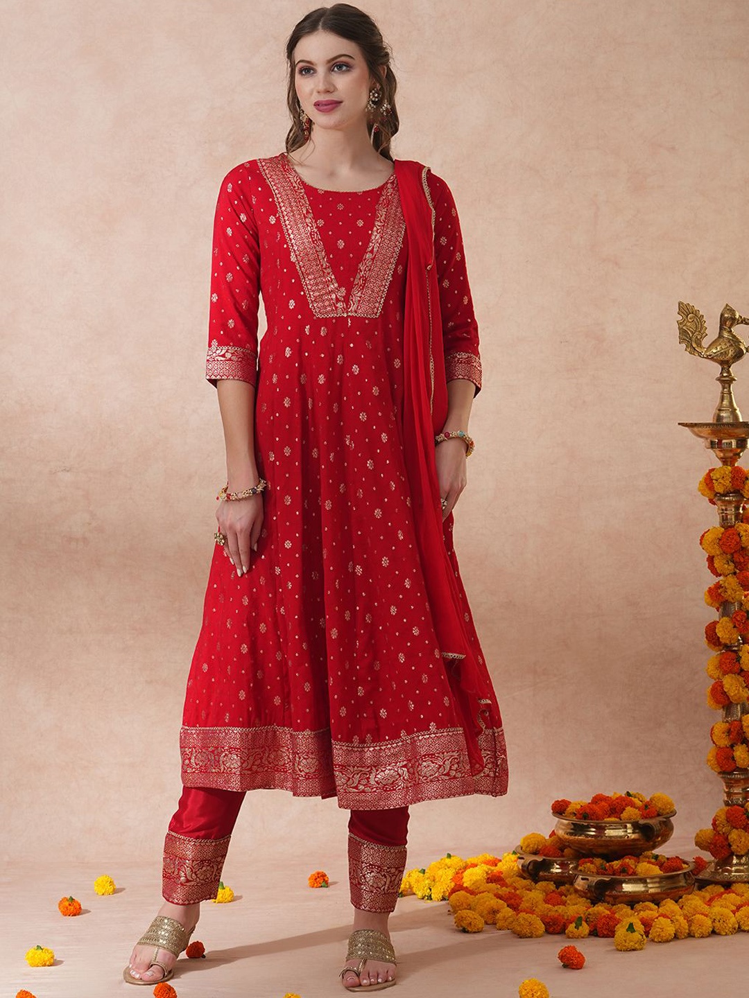 

FASHOR Women Ethnic Motifs Embroidered Panelled Kurta with Trousers & With Dupatta, Red