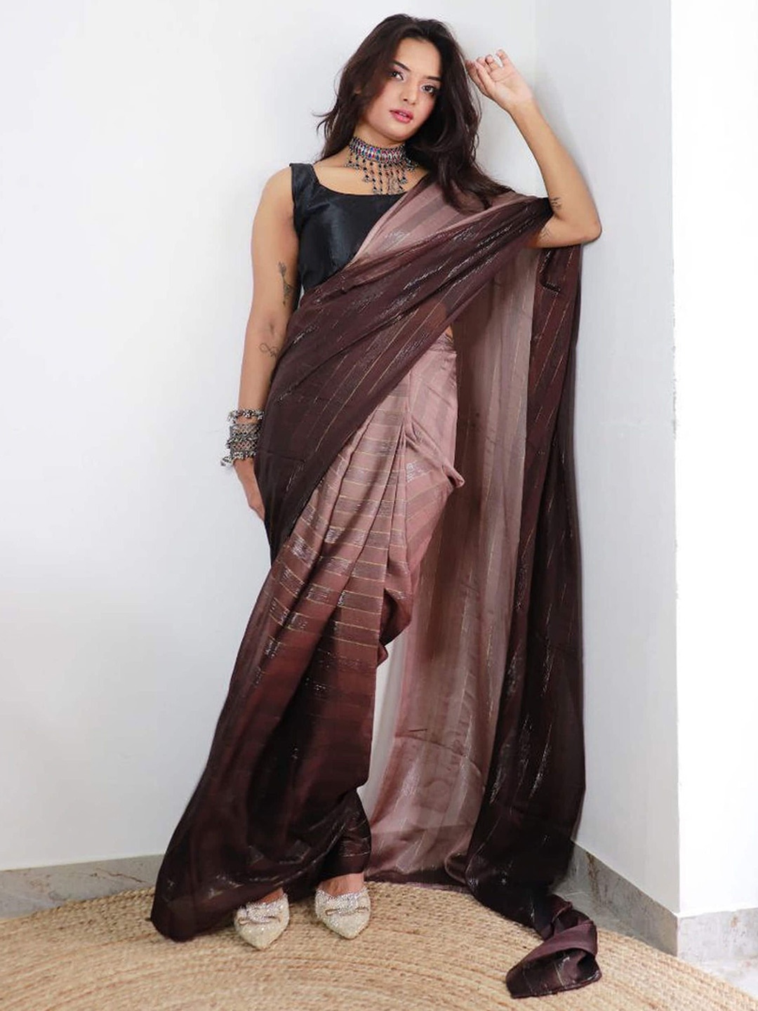 

KALINI Striped Pure Chiffon Ready to Wear Saree, Brown