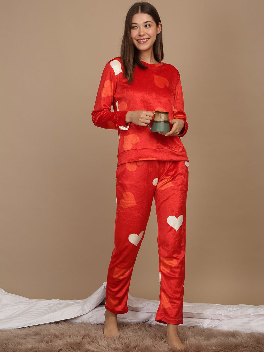 

Sweet Dreams Women Printed Round Neck Night Suit, Red