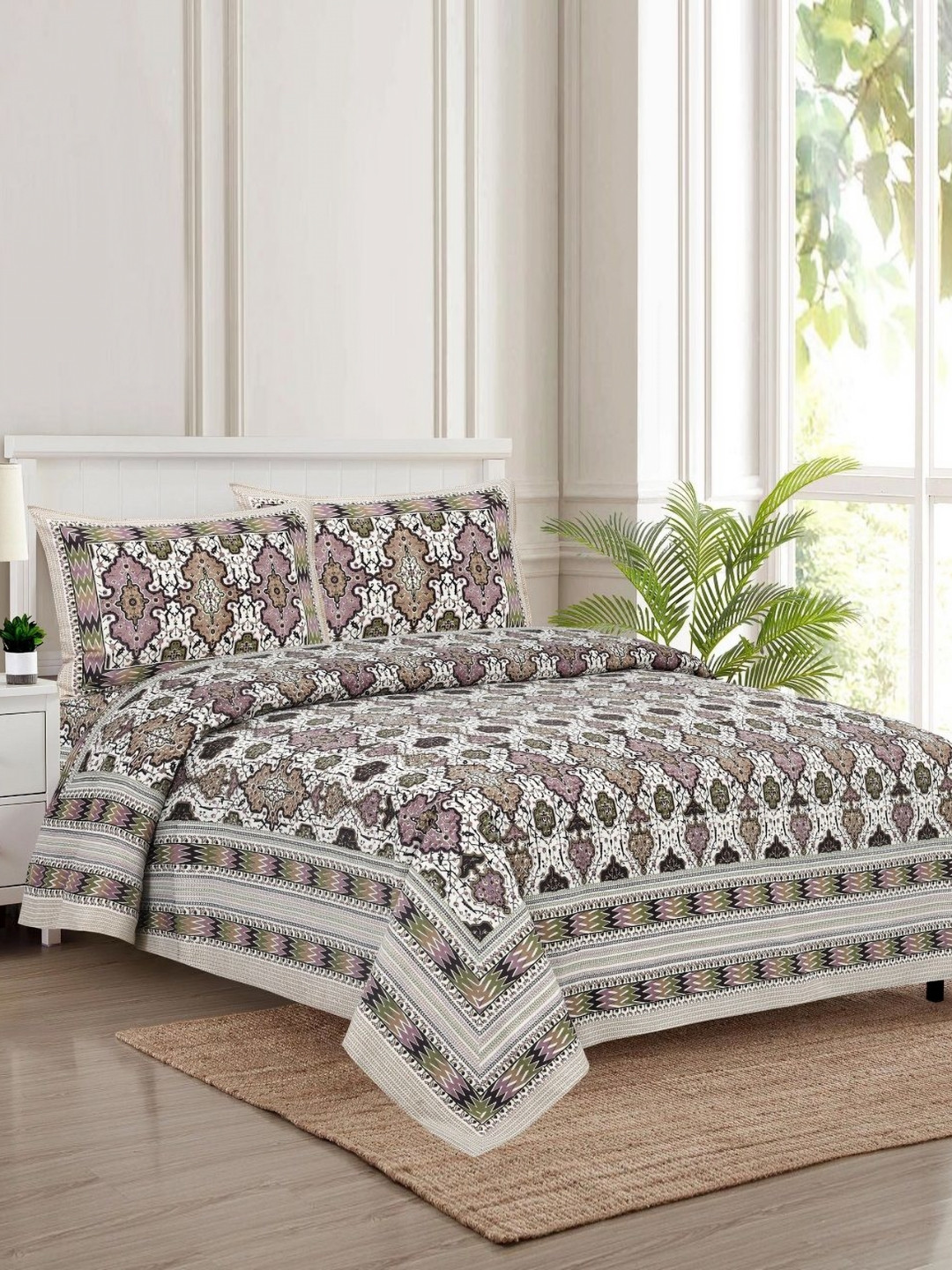 

HOMELINE White & Purple Geometric 180 TC King Bedsheet & 2 Pillow Covers 2.84 m x 2.84 m