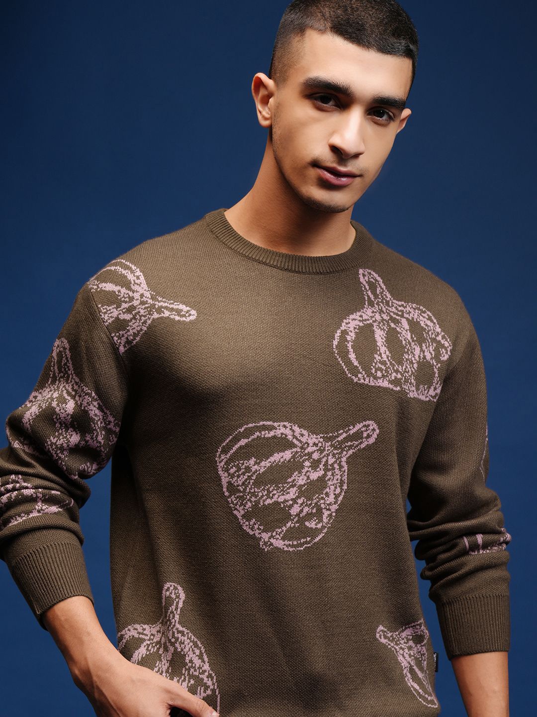

HIGHLANDER Men Self Design Round Neck Long Sleeves Pullover, Brown