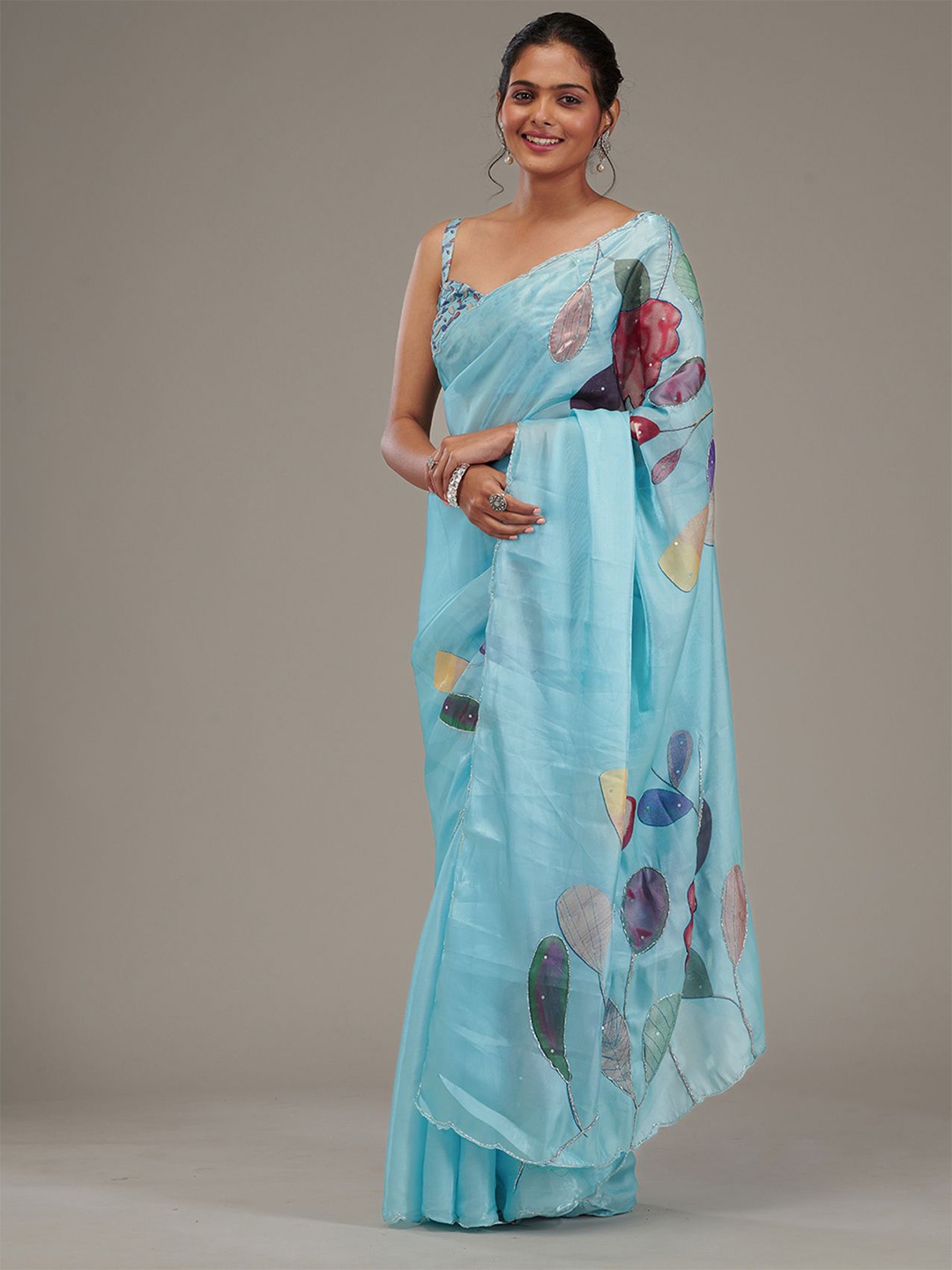 

Koskii Embellished Beads and Stones Tissue Designer Saree, Blue