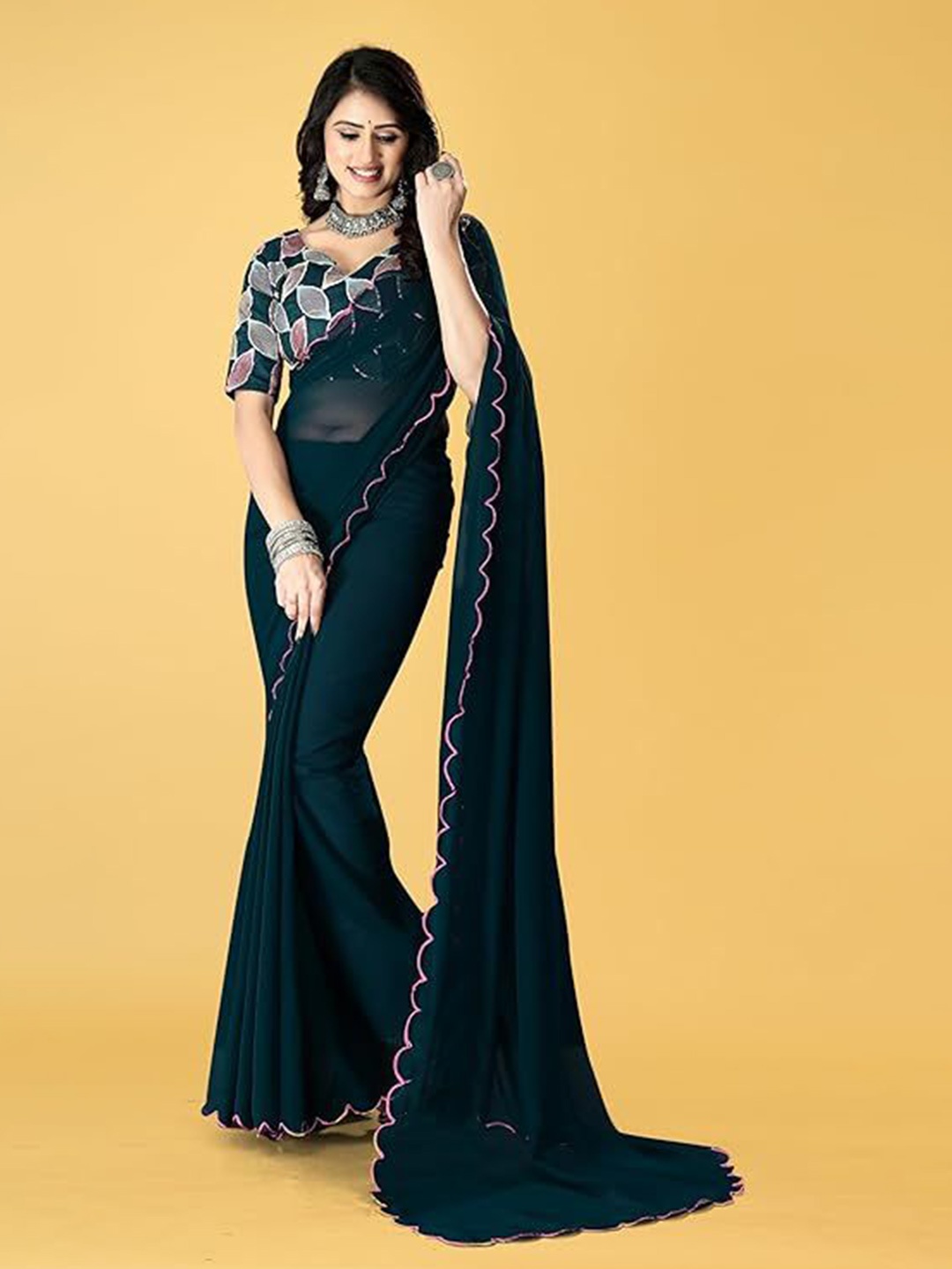 

SWADESI STUFF Floral Embroidered Pure Georgette Saree, Green