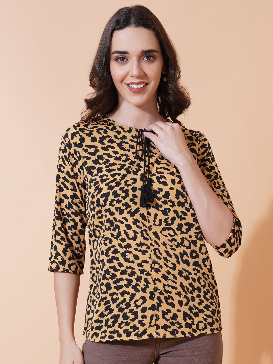 

IX IMPRESSION Animal Print Tie-Up Neck Top, Black