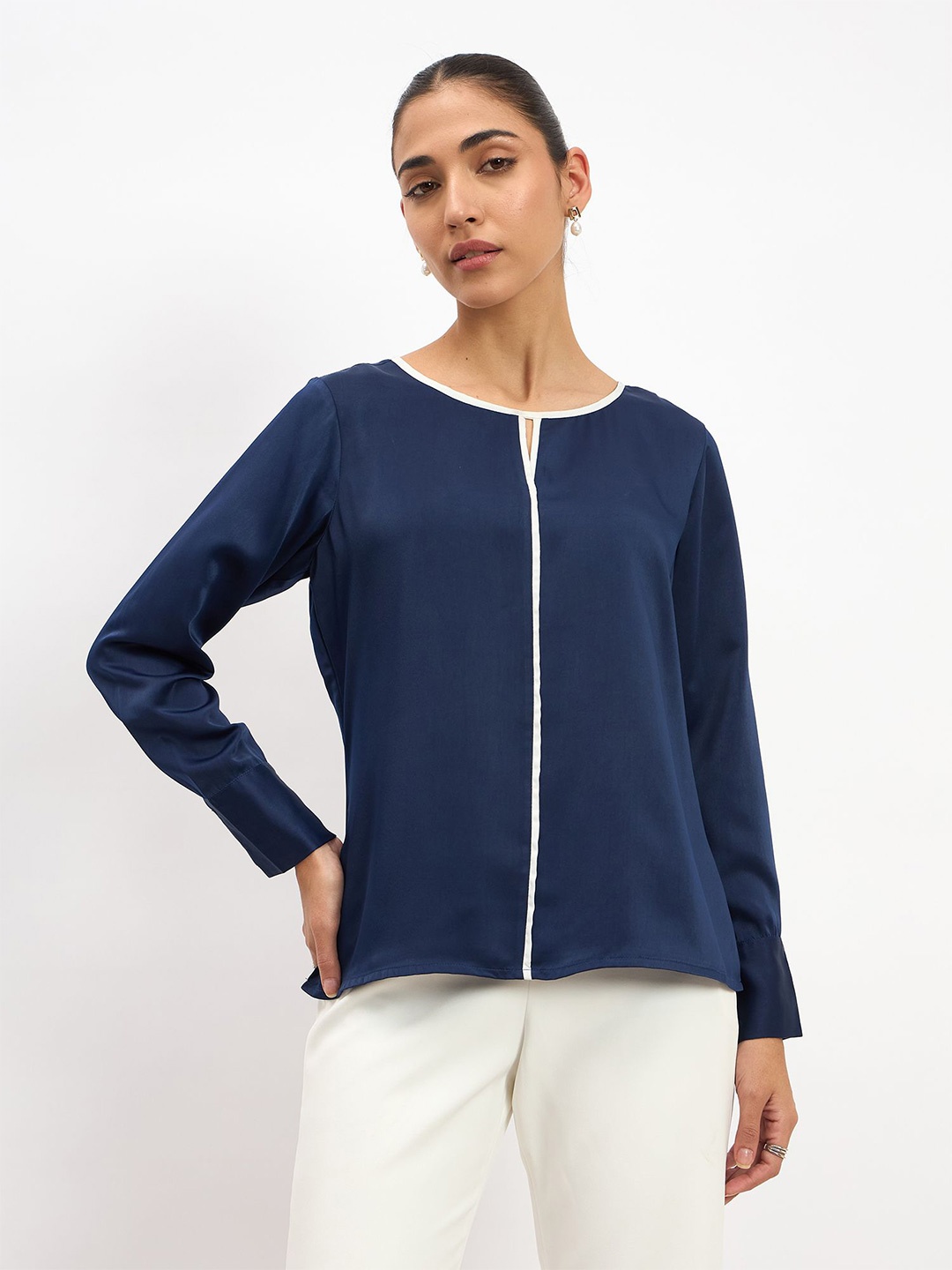 

SALT ATTIRE Colourblocked Keyhole Neck Top, Blue