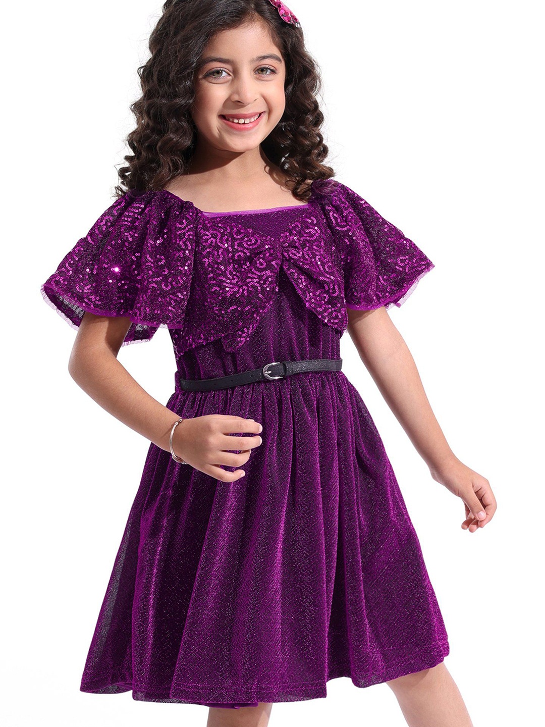 

Hola Bonita Girls Embellished Puff Sleeve Net Fit & Flare Dress Comes with a belt, Fuchsia