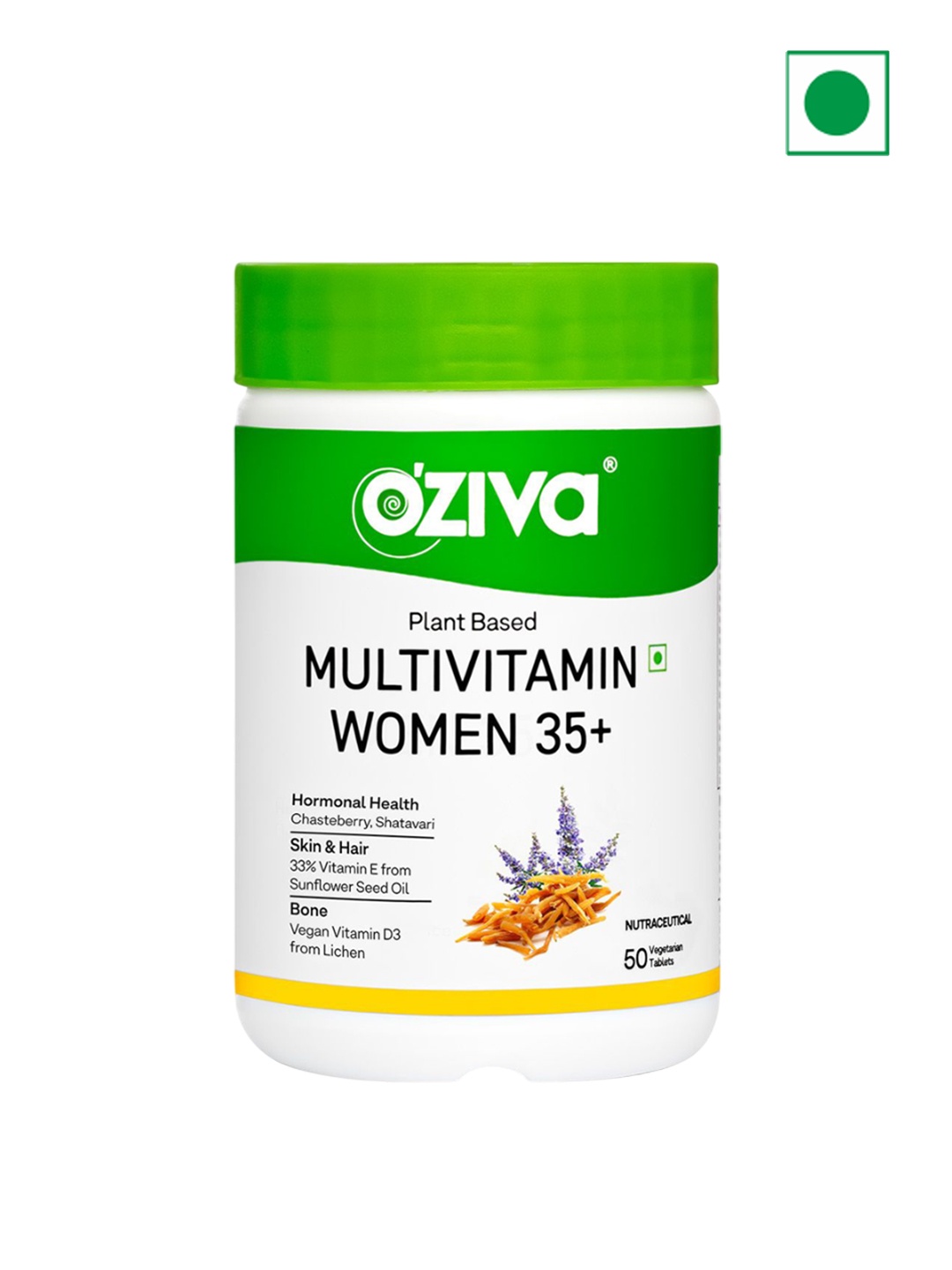 

OZiva Plant Based Multivitamins For Heart & Muscle Health - 50 Tablets, Green