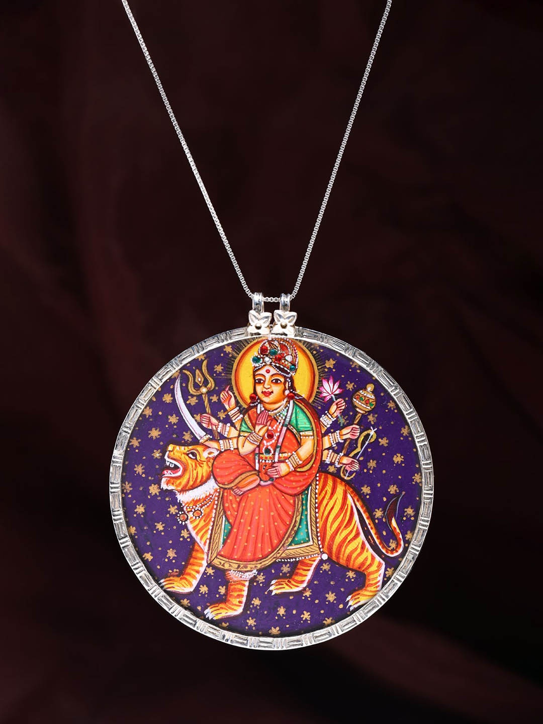 

Exotic India Round Shape Hand Painted Goddess Durga Pendant In Sterling Silver