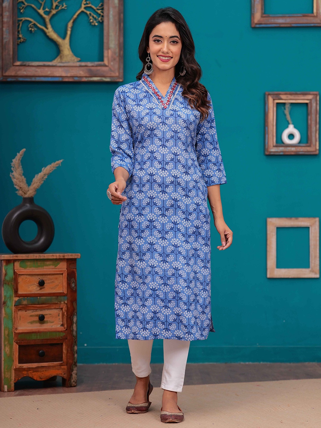 

DIZON Floral Printed Straight Kurta, Blue