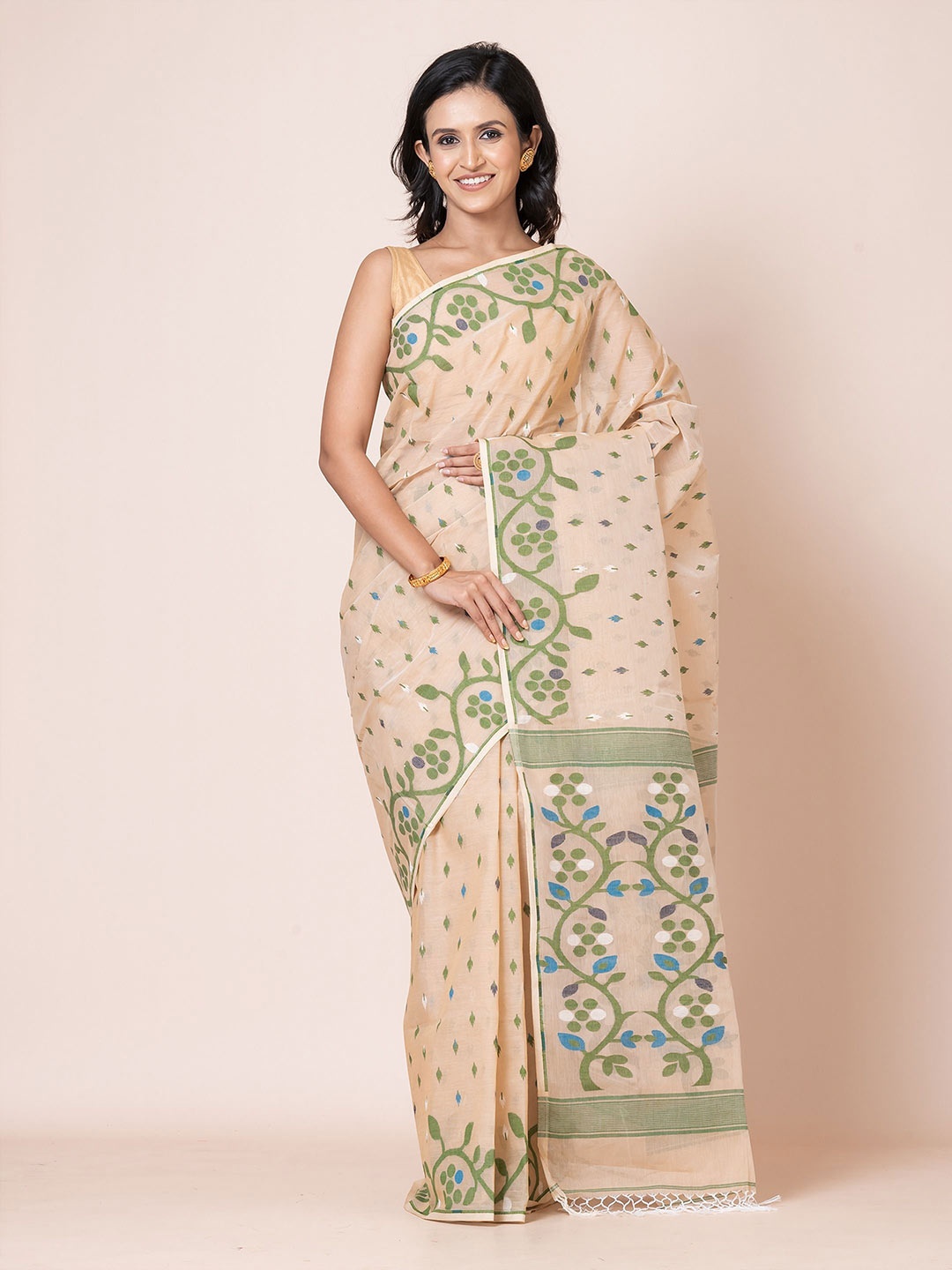 

PUKU Woven Design Pure Cotton Jamdani Saree, Beige