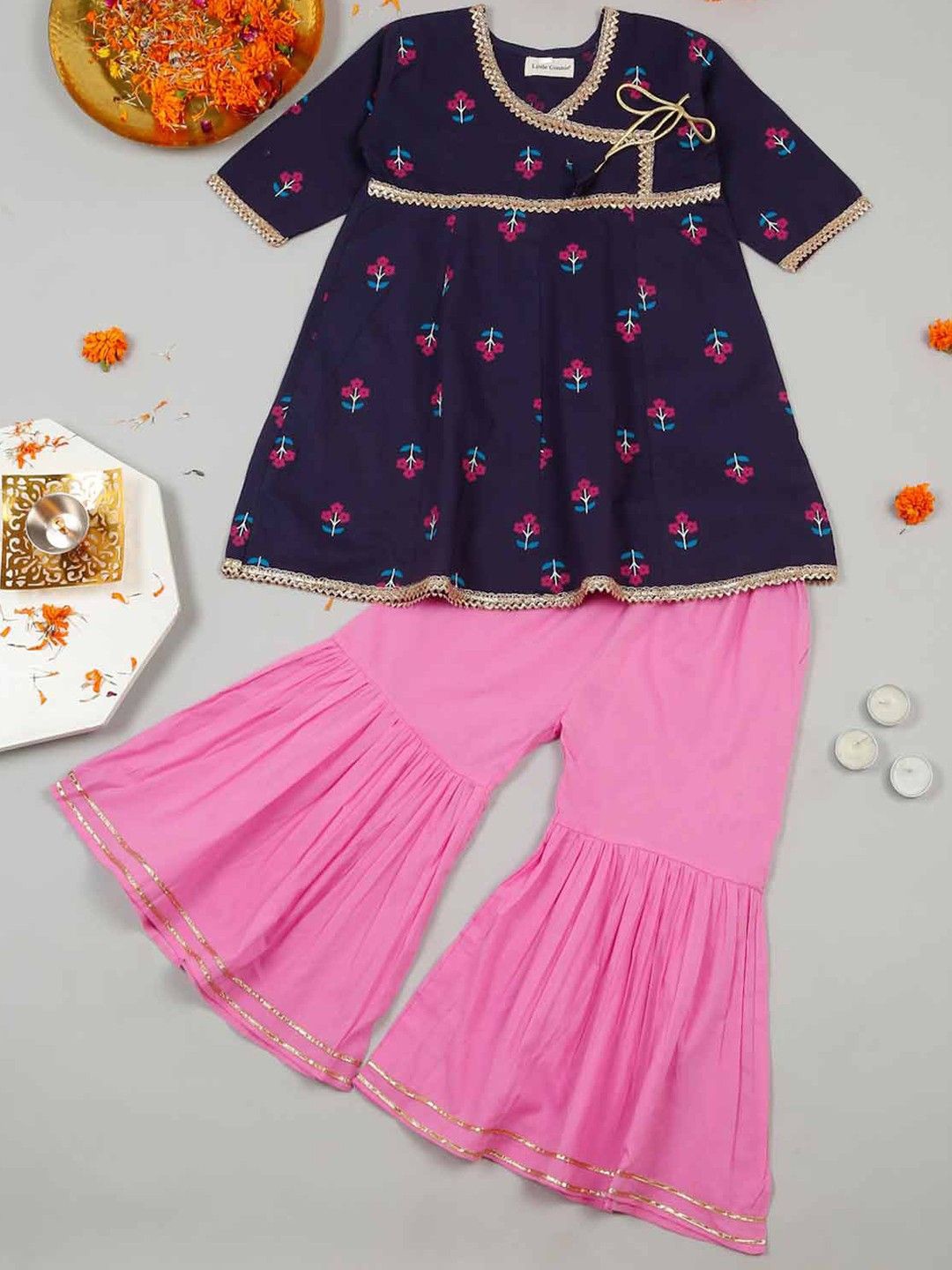 

LITTLE GINNIE Girls Printed Regular Kurti with Sharara, Navy blue