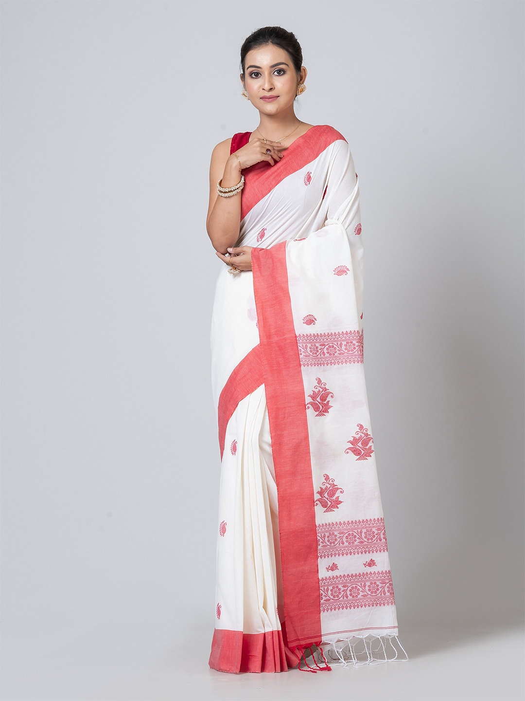 

PUKU Ethnic Motifs Pure Cotton Jamdani Saree, White