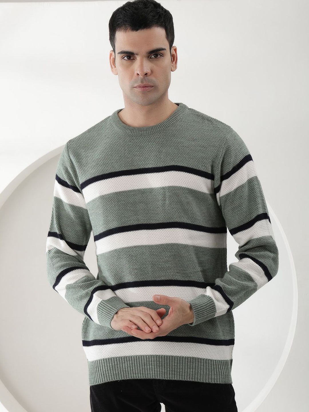 

COBB Men Striped Round Neck Pullover, Green