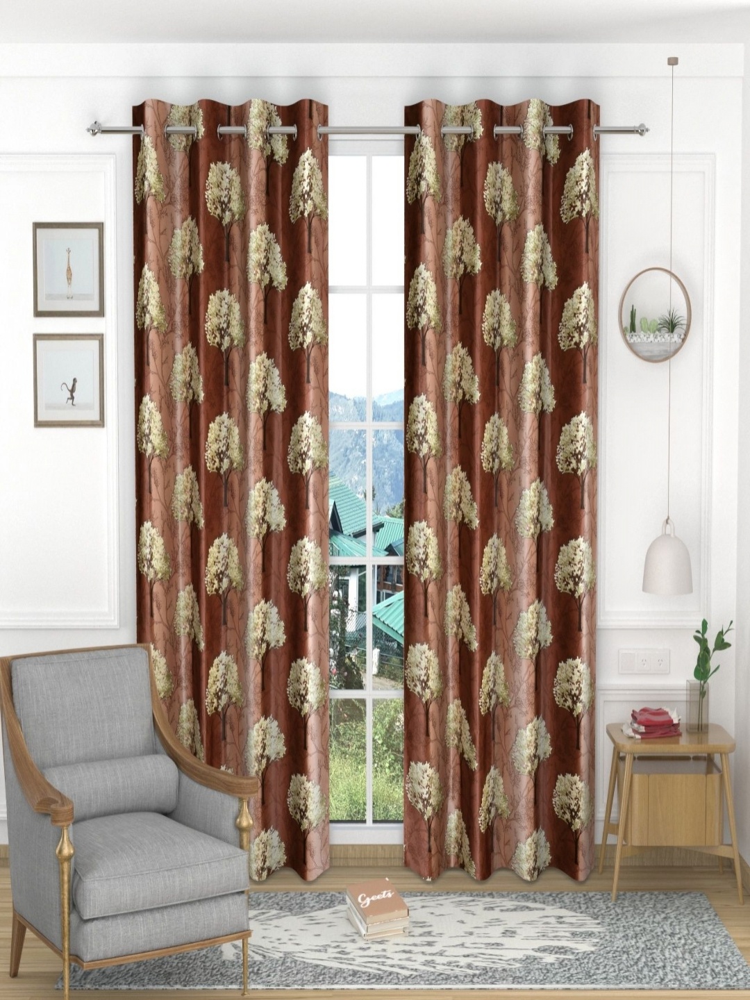 

Aura Brown & Beige Set of 2 Floral Room Darkening Door Curtain