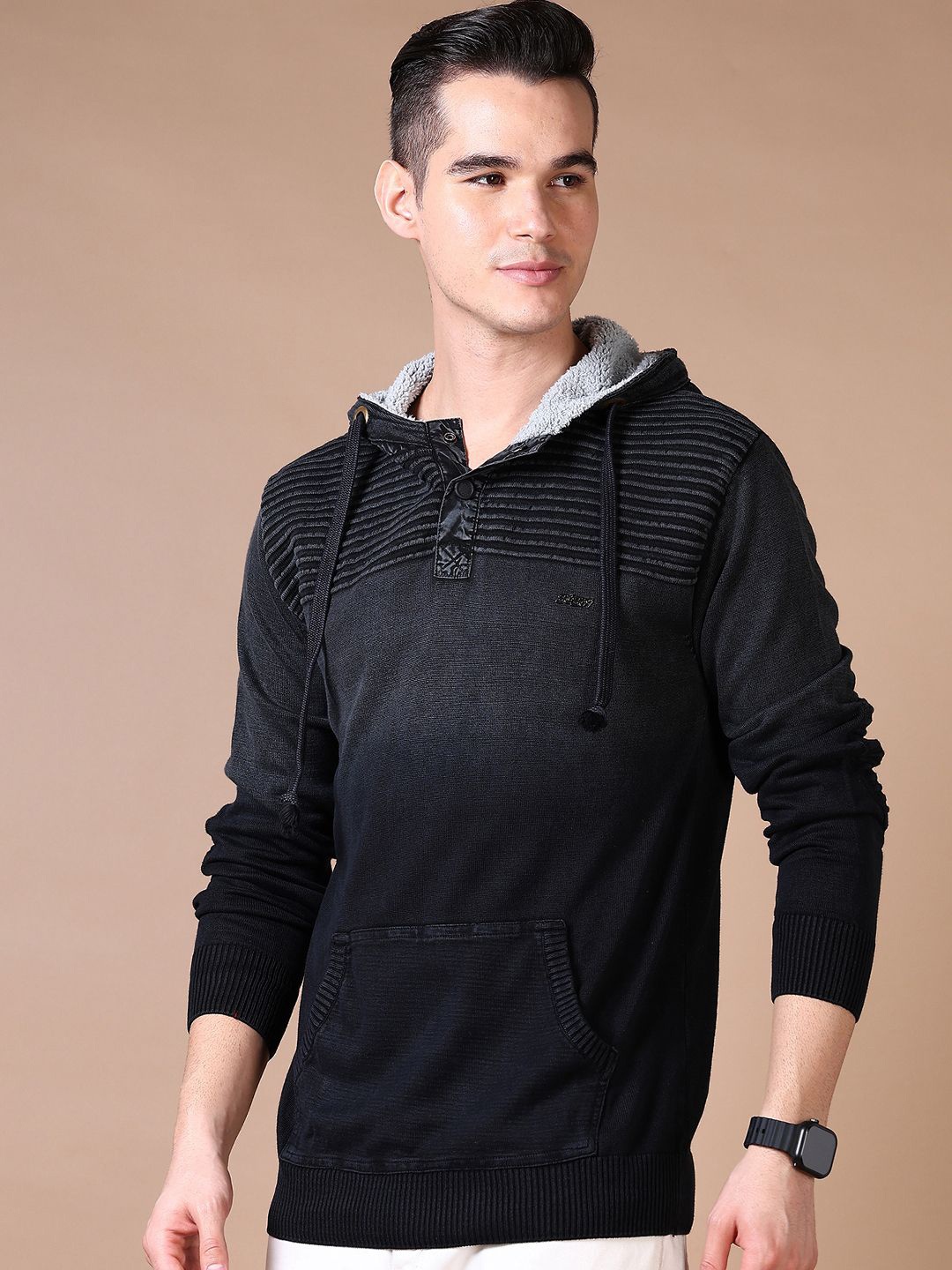 

V-Mart Men Cotton Long Sleeves Checked Striped Pullover, Black