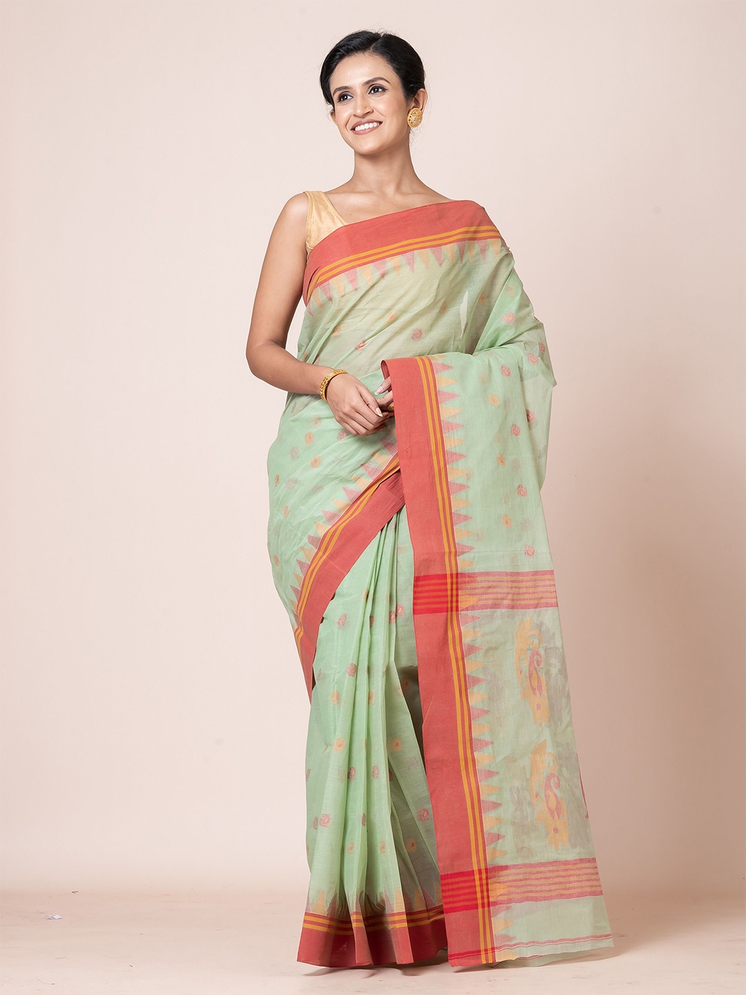 

PUKU Ethnic Motifs Patchwork Pure Cotton Saree, Sea green