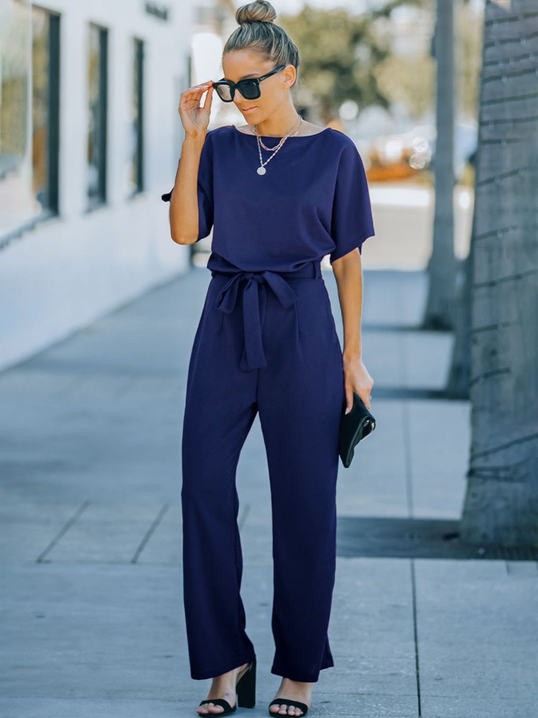 

StyleCast Women Boat Neck Basic Jumpsuit, Navy blue