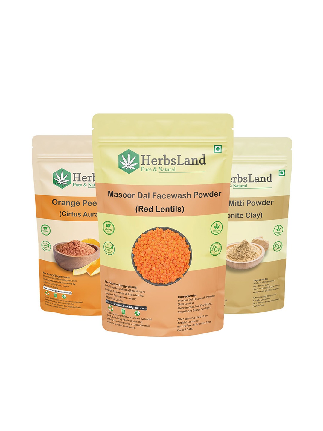 

HerbsLand Set Of 3 Masoor,Multani Mitti & Orange Peel Face Pack Powder- 100 g Each