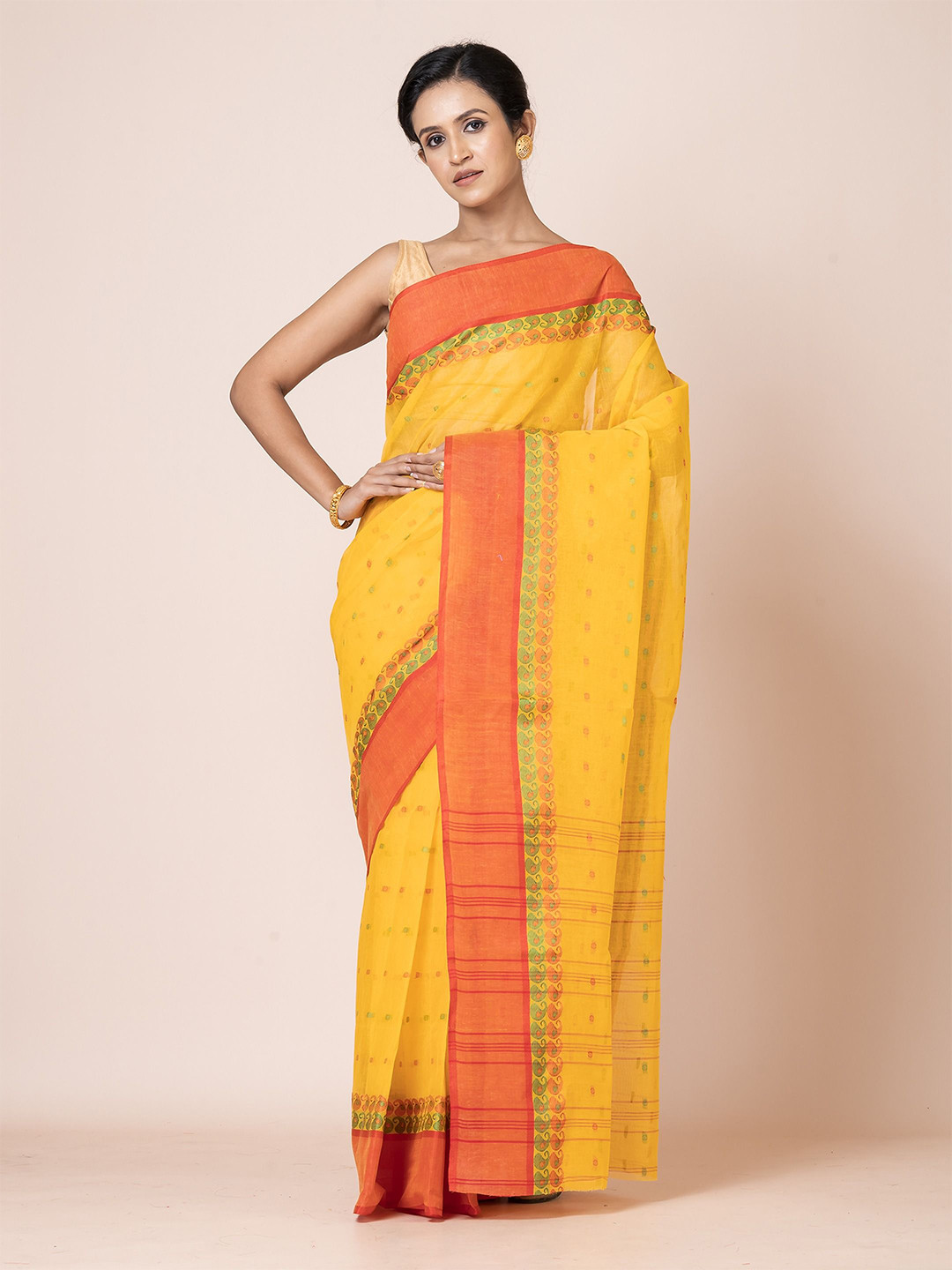 

PUKU Ethnic Motifs Woven Design Pure Cotton Saree, Yellow