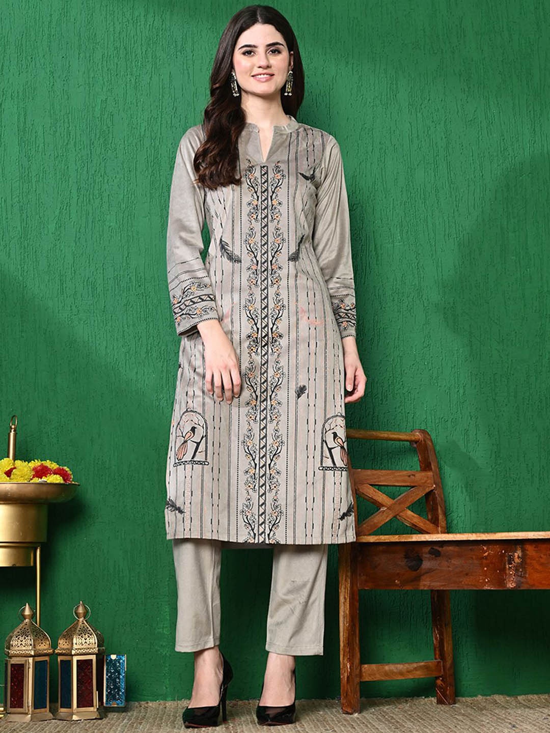 

Sangria Printed Winter Velvet Kurta With Trouser, Beige
