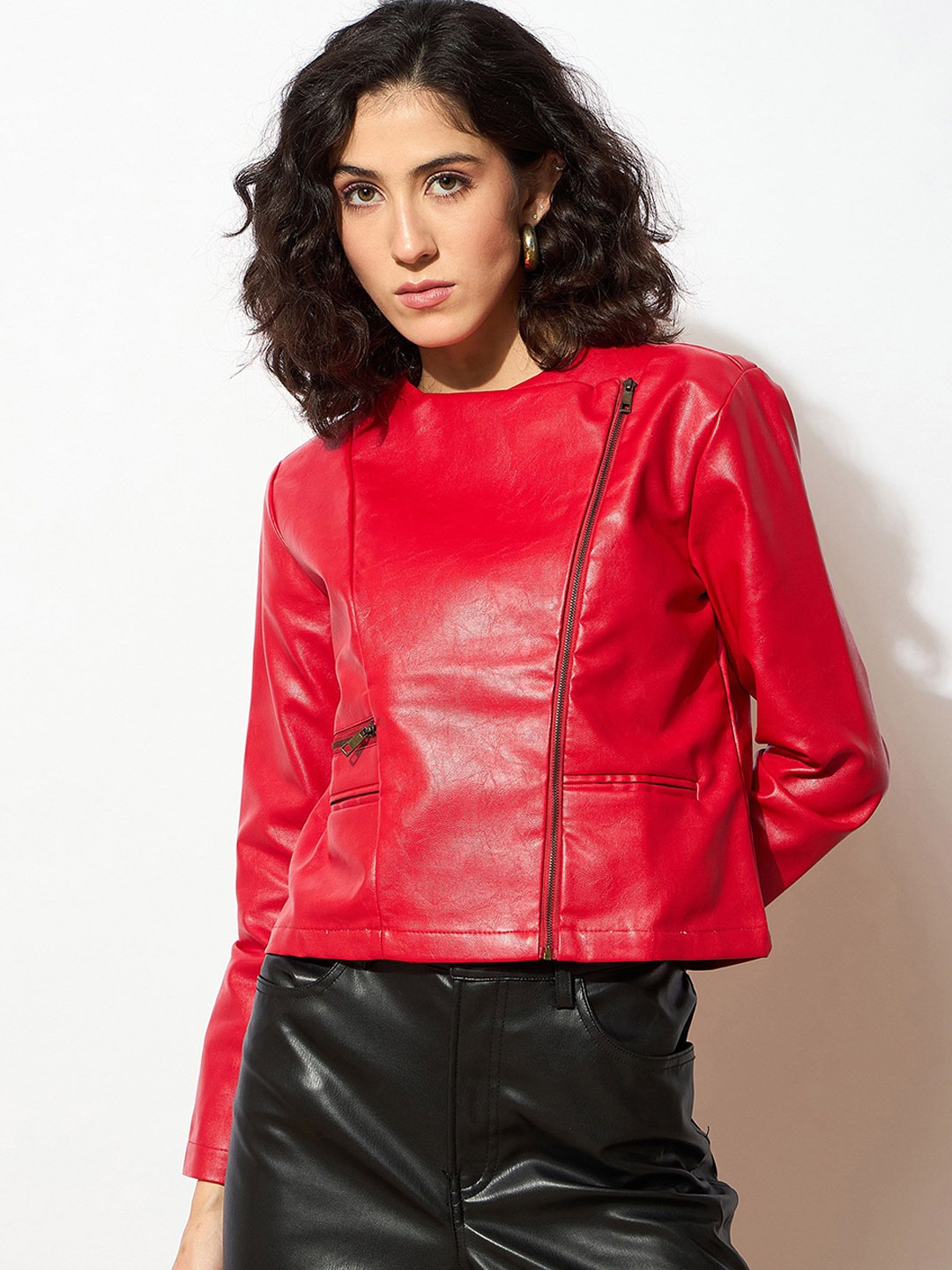 

SASSAFRAS Women Asymmetric Closure Biker Jacket, Red