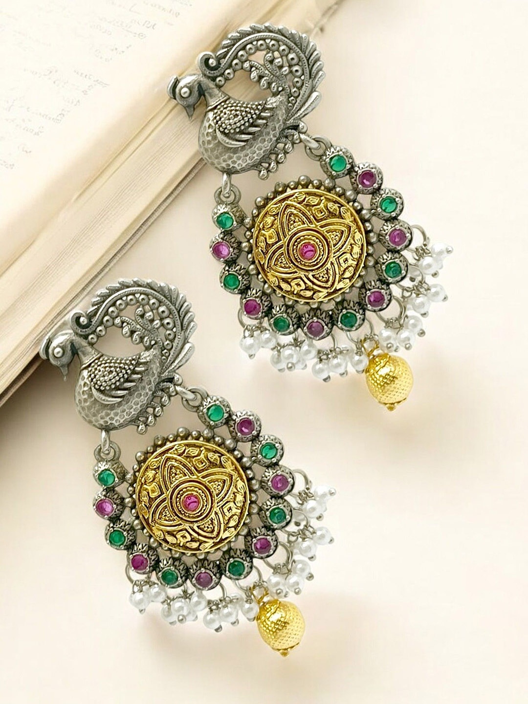 

FEMMIBELLA Peacock Shaped Drop Earrings, Silver