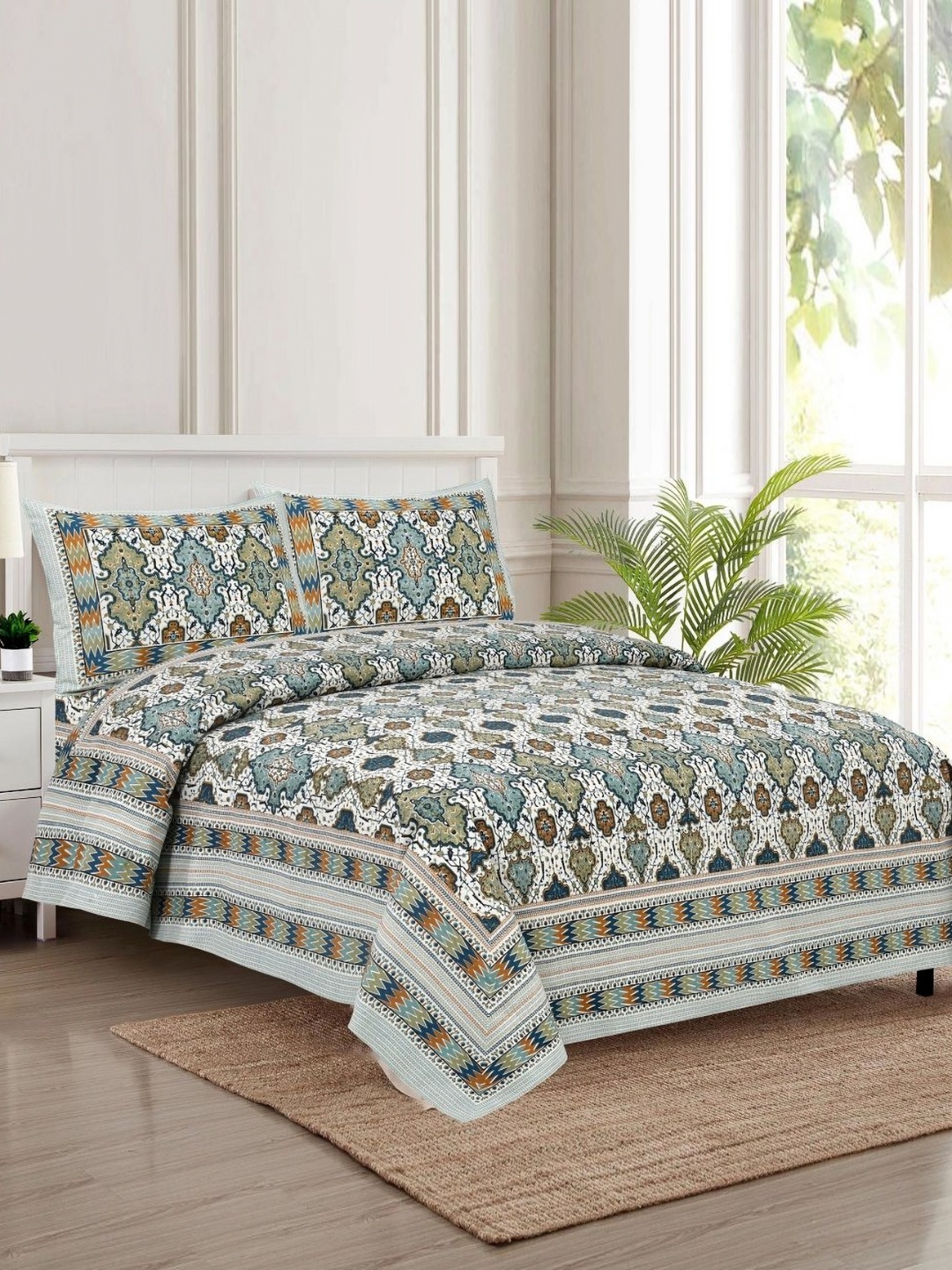 

HOMELINE Blue Ethnic Motifs 180 TC King Bedsheet with 2 Pillow Covers- 2.84 x 2.84 m