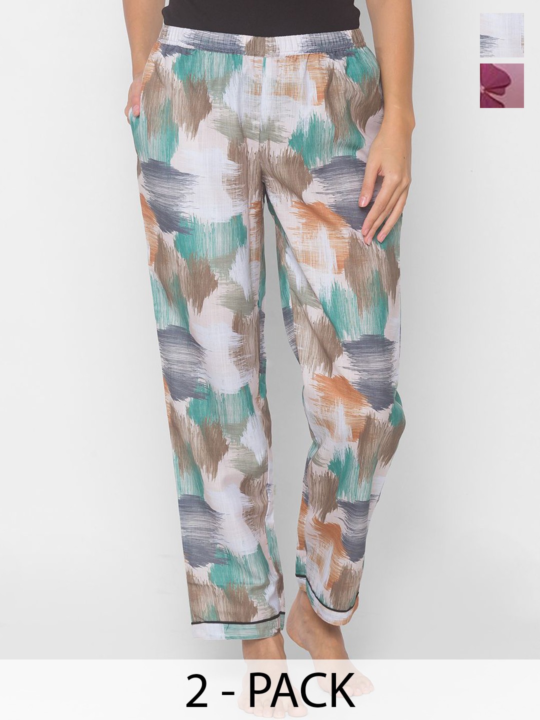 

FashionRack Women Pack Of 2 Printed Mid-Rise Lounge Pants, Green