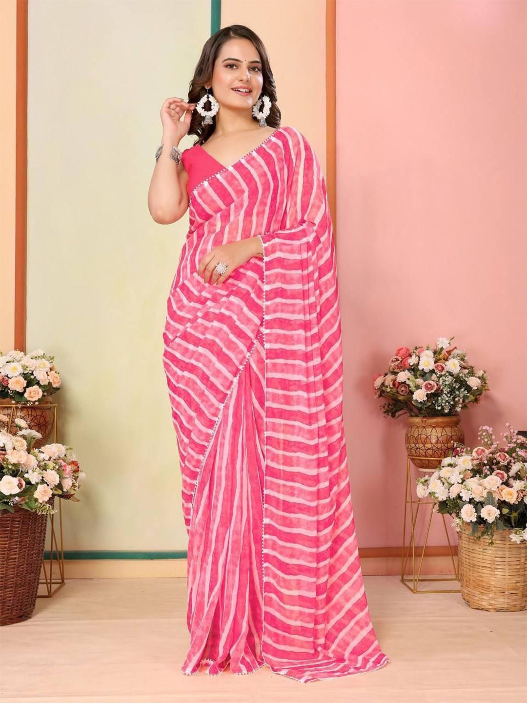 

AWRIYA Leheriya Pure Georgette Ready to Wear Leheriya Saree, Pink