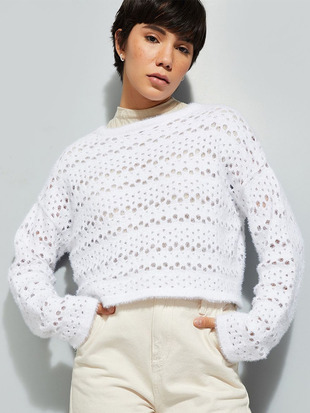 

MAX ALAYA F x URB_N Women Open Knit Sweater, White