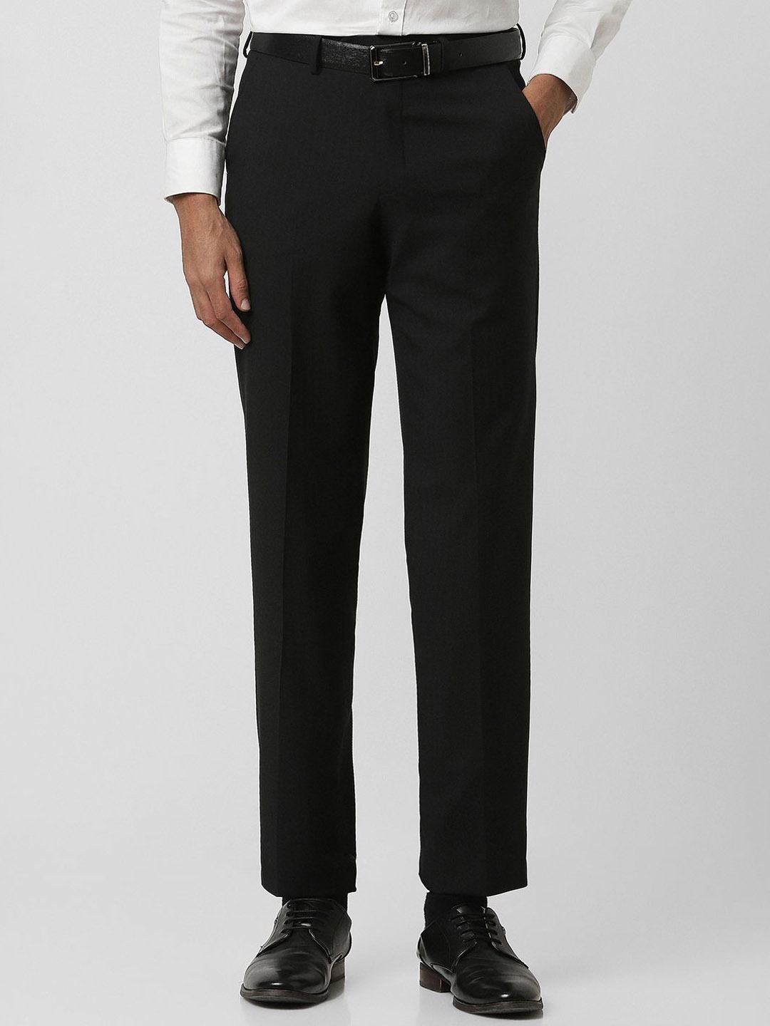 

Van Heusen Men Striped Mid-Rise Regular Fit Formal Trousers, Black