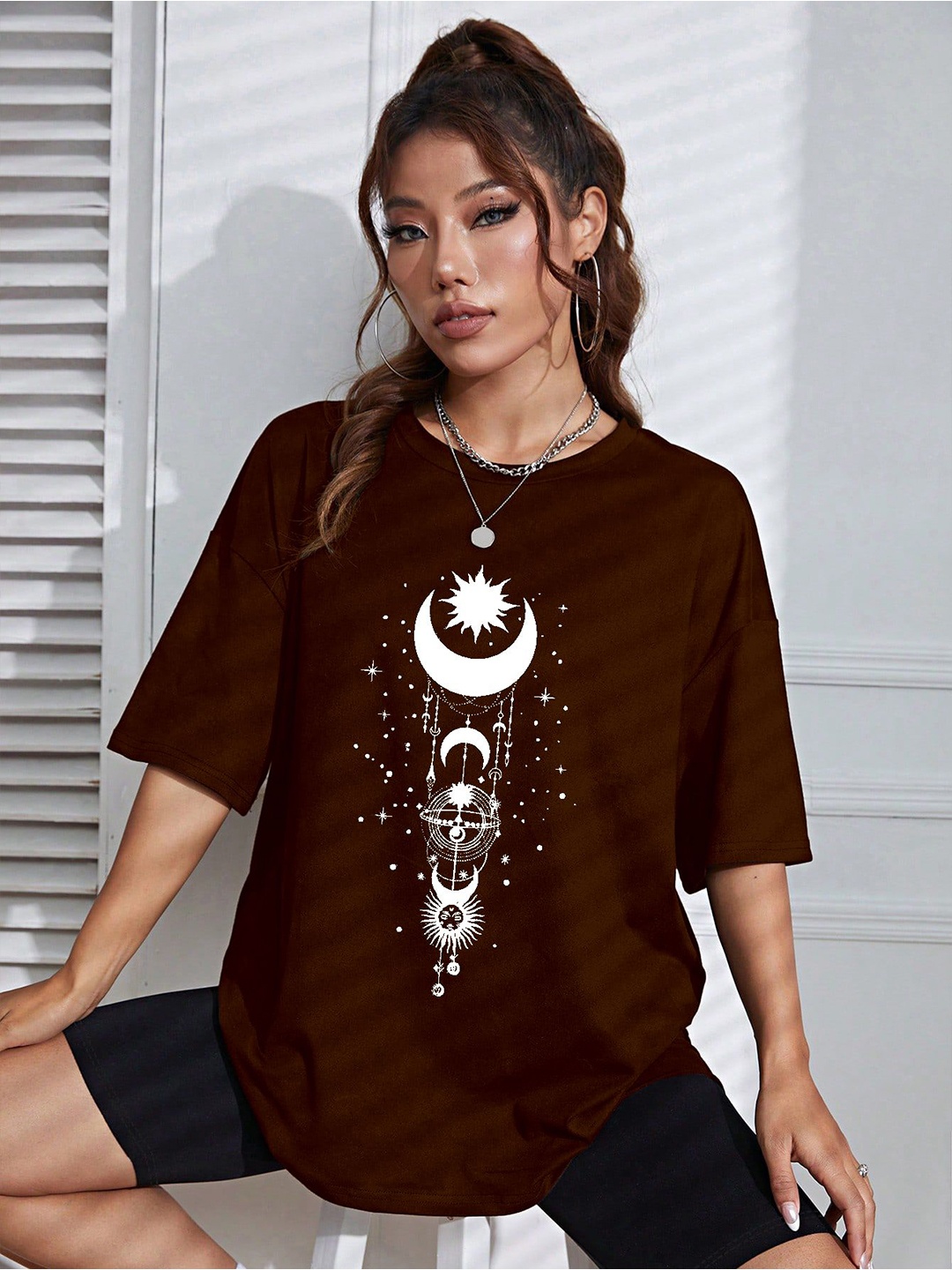 

AAHWAN Women Printed Round Neck Tshirts, Brown