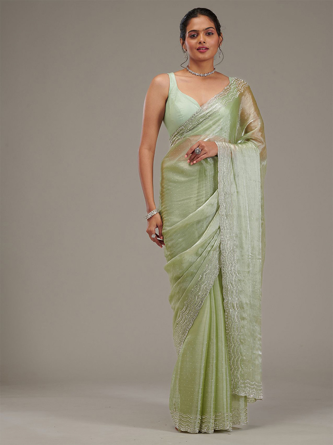 

Koskii Embroidered Poly Chiffon Saree, Green
