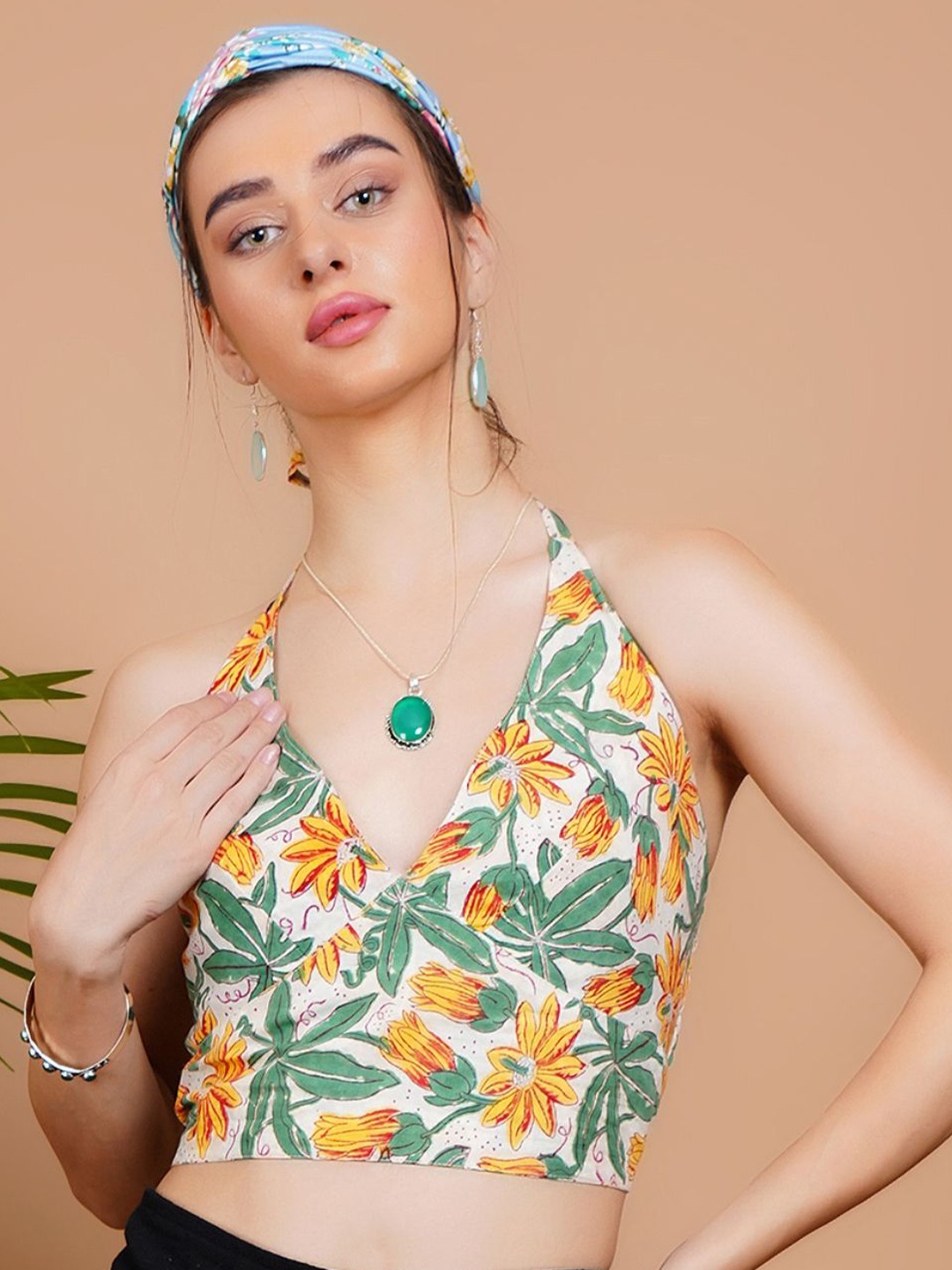 

Boholyfe Women Floral Printed Cotton Bralette Crop Top, Off white