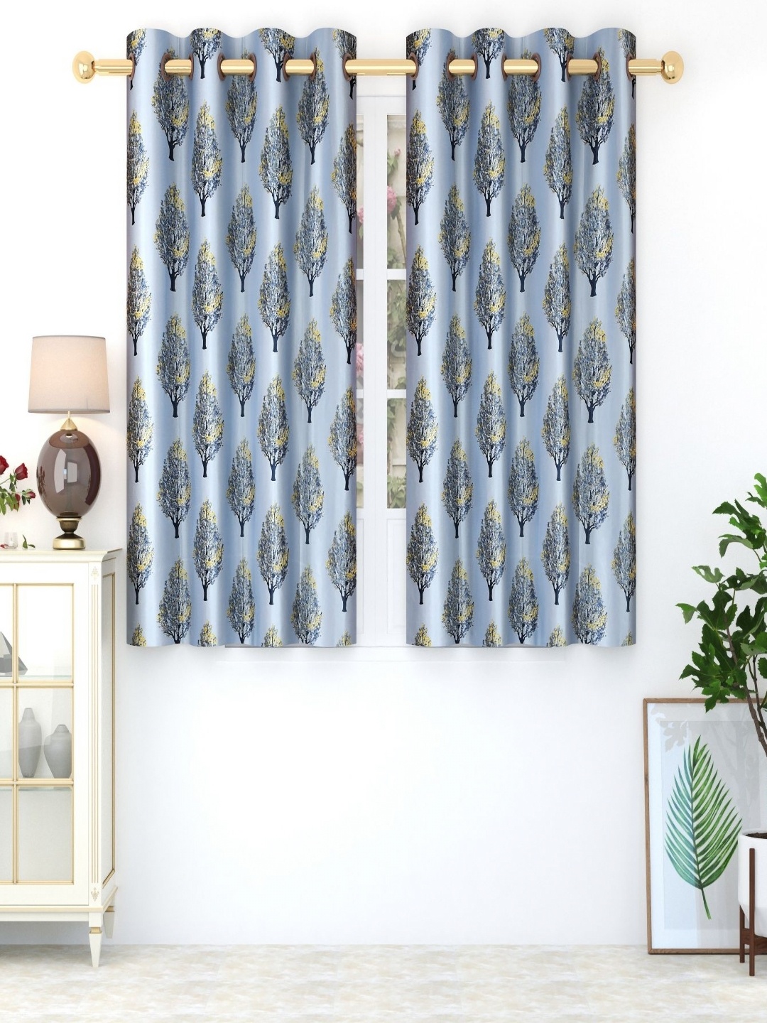 

Aura Grey & Blue Set of 2 Floral Room Darkening Window Curtain