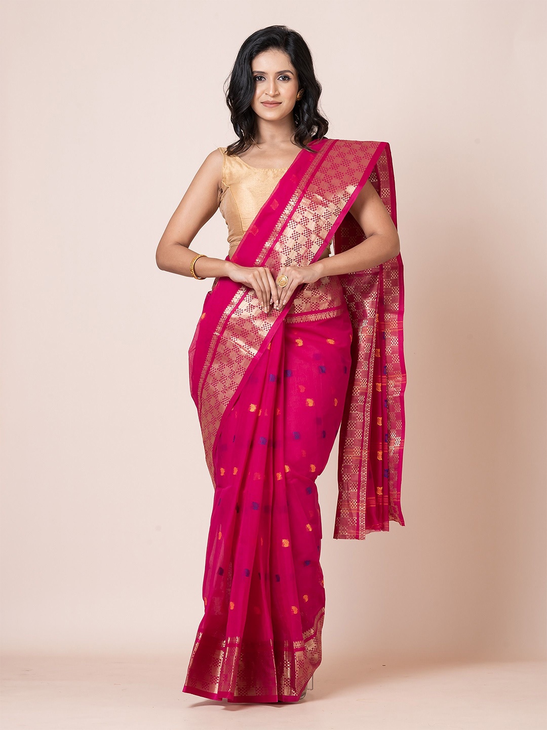 

PUKU Woven Design Zari Pure Cotton Saree, Magenta