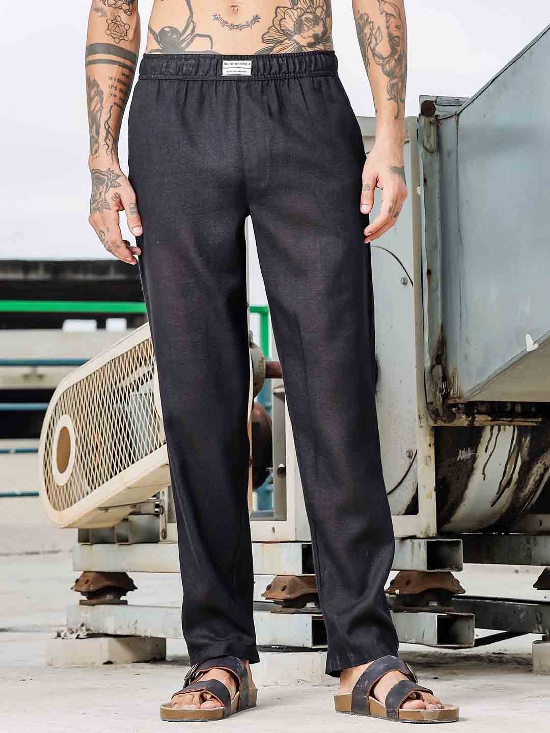 

House of Koala Unisex Mid-Rise Regular Fit Textured All Day Slip-On Trousers, Black