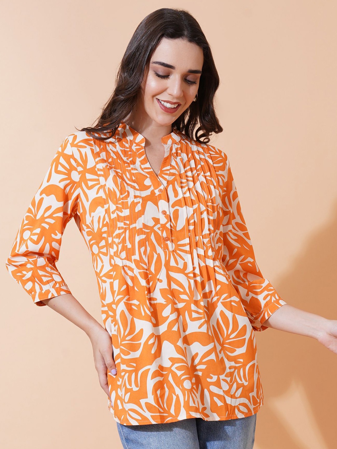 

IX IMPRESSION Print Mandarin Collar Top, Orange