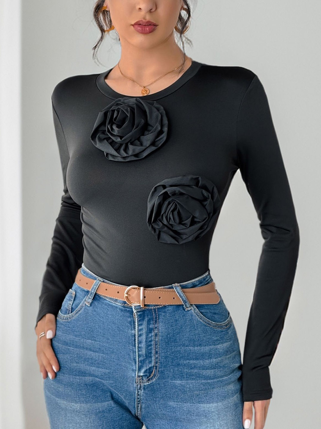 

StyleCast Self-Design Round Neck Bodysuit, Black
