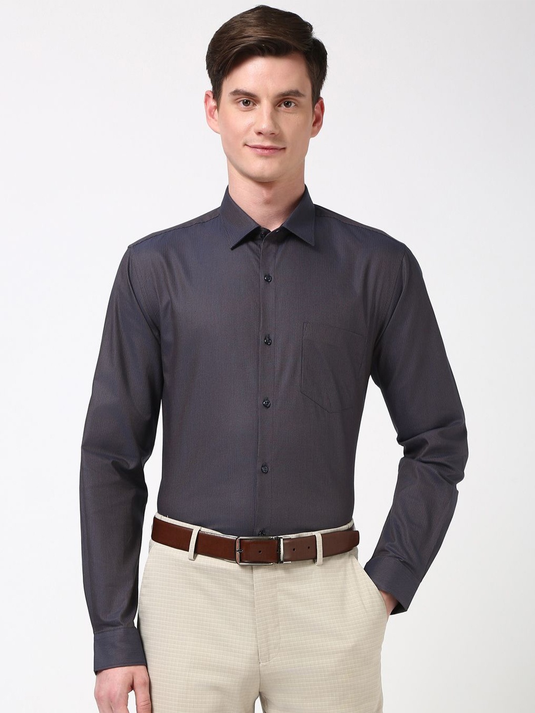 

Peter England Men Slim Fit Opaque Printed Formal Shirt, Charcoal