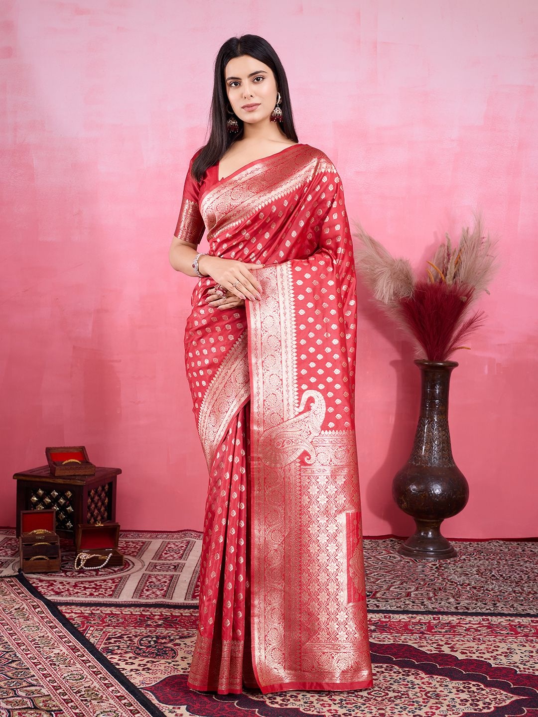 

V3 FASHION STUDIO Woven Design Zari Pure Silk Banarasi Saree, Red