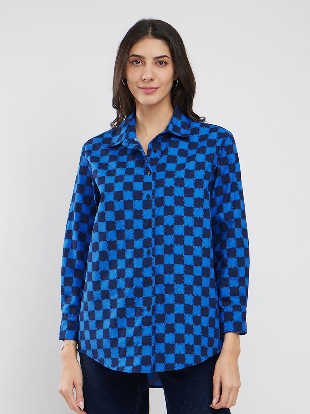 

Pink Fort Checked Roll-Up Sleeves Cotton Boxy Top, Blue