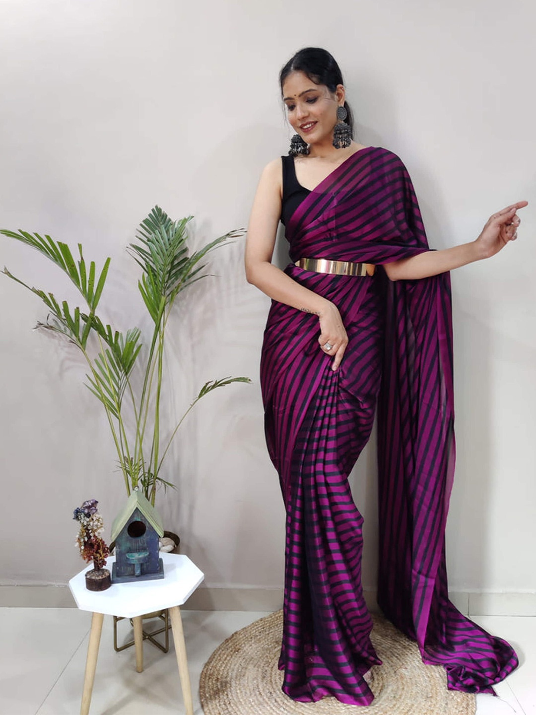 

KALINI Striped Satin Ready to Wear Saree, Purple