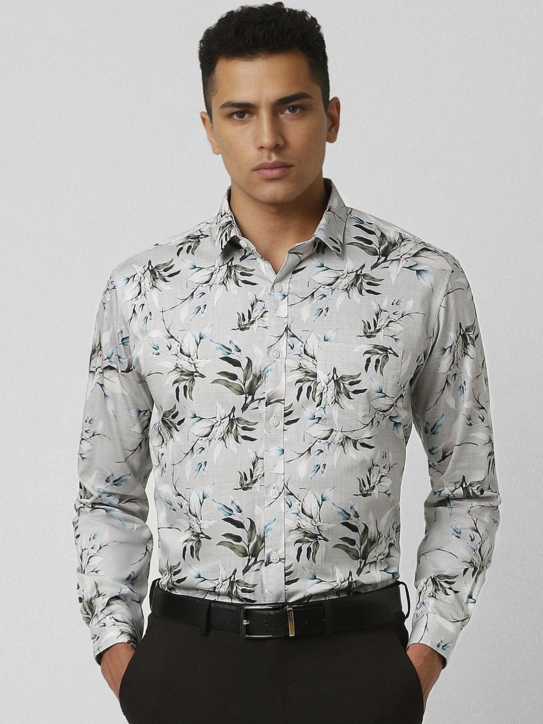 

V Dot Men Slim Fit Floral Opaque Printed Formal Shirt, Grey