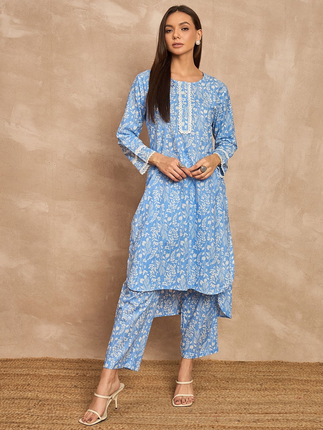 

all about you Women Floral Printed Regular Pure Cotton Kurta with Trousers, Blue